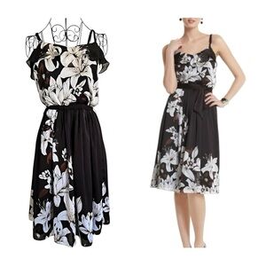 White House Black Market Floral Chiffon Fit & Flare Dress 00 NWOT Belt Missing